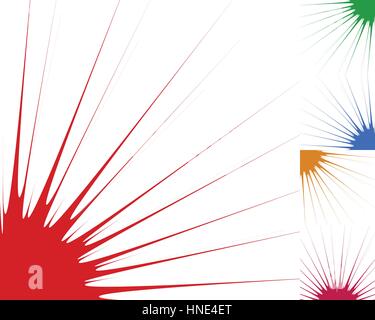 Starburst, sunburst background element in 5 color. Flash, blast shape with random, irregular lines Stock Vector