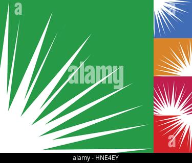 Starburst, sunburst background element in 5 color. Flash, blast shape with random, irregular lines Stock Vector