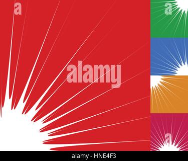 Starburst, sunburst background element in 5 color. Flash, blast shape with random, irregular lines Stock Vector