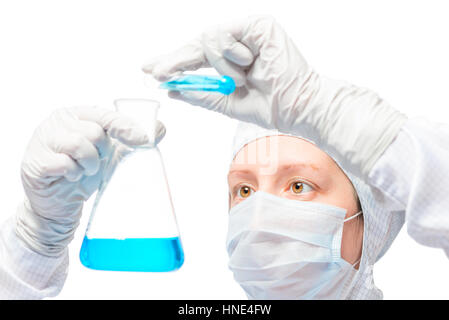 woman experienced chemist examines radioactive substances in the laboratory Stock Photo