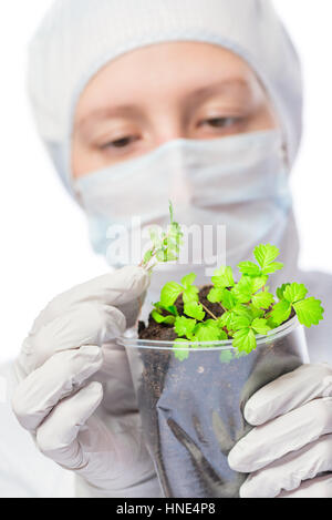 portrait of biologist with sprouts in a glass on a white background Stock Photo