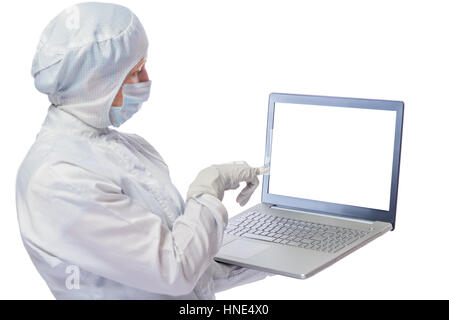 chemist with a computer and space for inscription on the laptop screen isolated Stock Photo