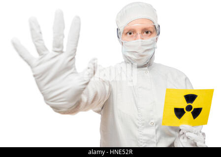 Chemist People holding a sign isolated in radiation suit Stock Photo