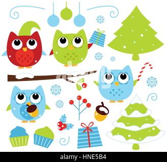 Cute christmas design elements / art illustration with xmas Owls Stock Photo