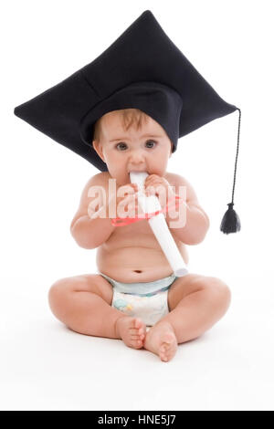 Model release, Kleinkind, 8 Monate, mit Doktorhut und Diplomrolle - little child as diploma holder Stock Photo