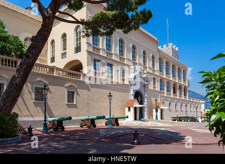 Medieval cannons in front of Prince's Palace - official residence of Prince of Monaco. Stock Photo