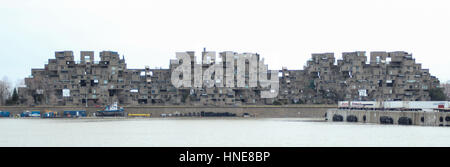 Montreal, CANADA - April 17 2014: A view of Habitat 67, a model community and housing complex in Montreal, Quebec, Canada, designed by Israeli-Canadia Stock Photo