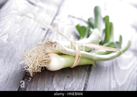 Leeks on wooden table - close-up Stock Photo