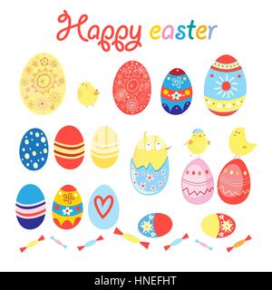 Vector set of eggs and chicks for Easter on a white background Stock Vector