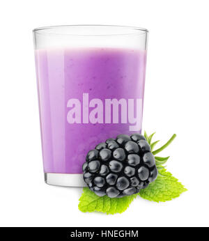 Isolated blackberry shake. Glass of fresh fruit drink isolated on white background with clipping path Stock Photo