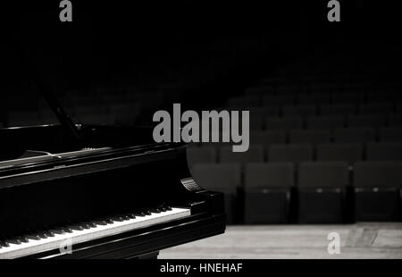 Save  Download Preview     Concert grand piano, view from stage-black and white-with space for advertisement Stock Photo