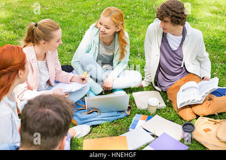 University friends studying together on grass Stock Photo