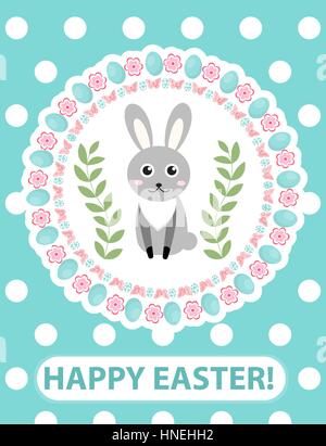 Happy Easter greeting card, flyer, poster with rabbit, bunny. Spring cute template for your design. Vector illustration. Stock Vector