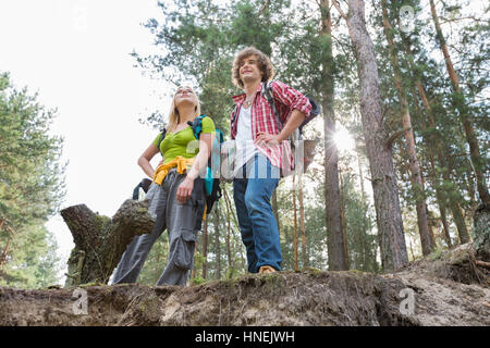 Low angle view of hiking couple standing on cliff in forest Stock Photo