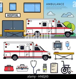 Thin line flat design of an ambulance car. First aid car standing near the hospital. Healthcare concept. Doctor equipment, pills,  wheelchair and car  Stock Vector