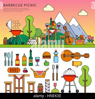 Thin line flat design of elements of outdoor recreation. Barbecue picnic in the summer forest near mountains, utensils, food, equipment, guitar and fu Stock Vector