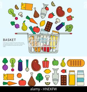 Thin line flat design of a basket with products. Icons or For web site, mobile applications and banners. Shopping concept. Vegetables, cheese, fruits, Stock Vector