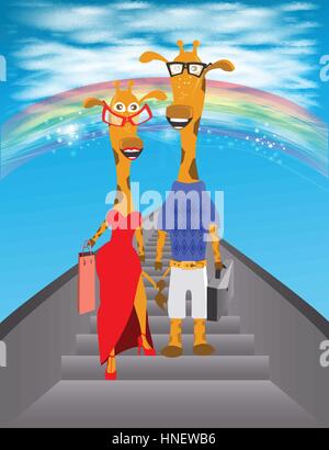 giraffe illustration. descend from the ladder to the sky with a rainbow and clouds. baby picture. Cartoon. used to print, website, design, decoration, Stock Vector