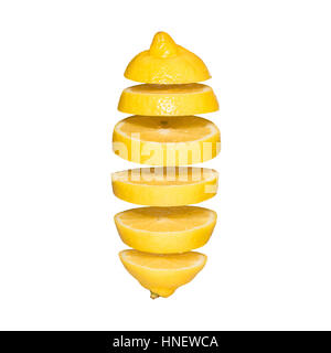 Flying lemon. Sliced lemon isolated on white background. Levity fruit floating in the air. Stock Photo