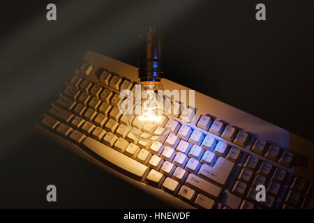 Light bulb and computer keyboard, concept of wisdom. Stock Photo