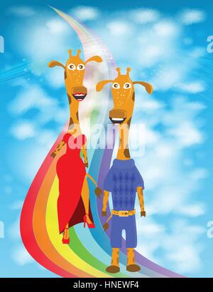 illustration giraffe couple walking on a rainbow. baby picture. Cartoon. used to print, website, design, decoration, cloth smartphone tablet card and  Stock Vector