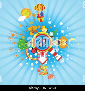 Pano baby. giraffes in a balloon, lion, bird and ladybird. baby picture. Cartoon. used to print, website, design, decoration cloth smartphone tablet c Stock Vector