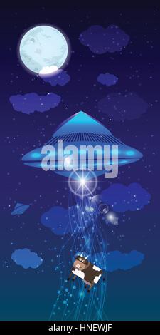 UFO abduction of a cow. illustration. on the background of sky and clouds. use website, smart phone, tablet PC, printing, fabric, decoration, etc. Stock Vector