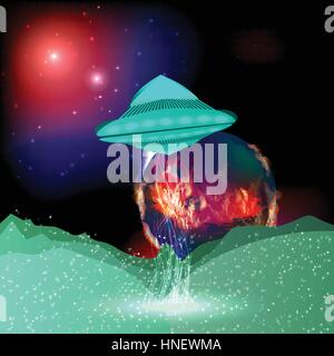 UFO beam fire planet Mars. illustration. use website, smart phone, tablet PC, printing, fabric decoration etc Stock Vector