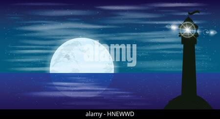 Desktop background. Landscape. Night sky moon reflection beacon signal. Illustration. Use wallpaper for, the website, smart phone, tablet PC, printing Stock Vector