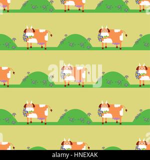 cow in the meadow. seamless pattern. children s illustration. is used to print, website, smartphone, design, textiles, ceramics, fabrics prints postca Stock Vector