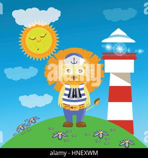 Lion on the hill from the lighthouse. children s illustration. is used to print, website, smartphone, design, textiles, ceramics, fabrics, prints post Stock Vector
