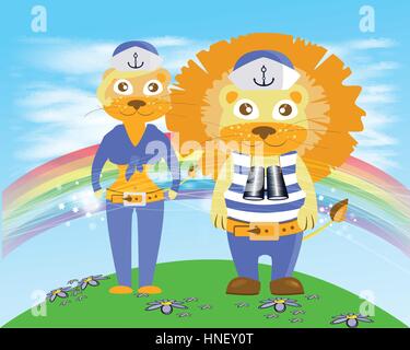 lion and lioness sailors rainbow. children s illustration. is used to print, website, smartphone, design, textiles, ceramics, fabrics prints postcards Stock Vector