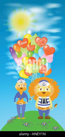 lion and lioness sailors with balloons on the sky background. children s illustration. is used to print, website, smartphone, design, textiles, cerami Stock Vector