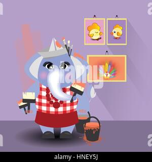 elephant paints the wall. children s illustration. is used to print, website, smartphone, design, textiles, ceramics, fabrics prints postcards packagi Stock Vector
