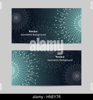 Set of horizontal banners. Geometric pattern with connected lines and dots. Vector illustration on turquoise background. Stock Vector