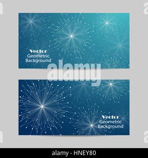 Set of horizontal banners. Geometric pattern with connected lines and dots. Vector illustration on blue background. Stock Vector