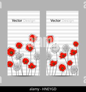 Set of vertical banners. Abstract red and gray poppy flowers on striped background. Stock Vector
