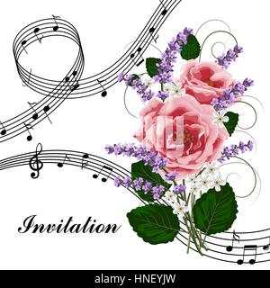 Vector illustration with music notes and rose flowers isolated on white background. Stock Vector
