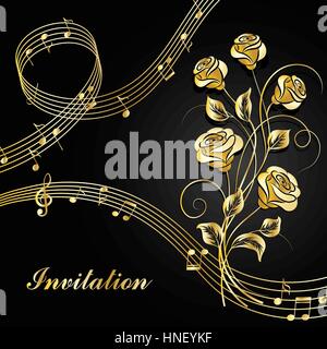 Vector illustration with gold music notes and roses on black background. Stock Vector