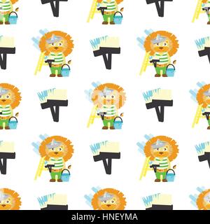 lion painter. brush and a bucket of paint. children s illustration. used for printing, the website, smart phone, design, textiles, ceramics, fabrics,  Stock Vector