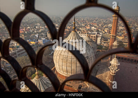 Urban, landscape, aerial view, Cityscape, townscape, panorama, panoramic, Minaret and domes of Jama Masjid mosque, Delhi, India Stock Photo