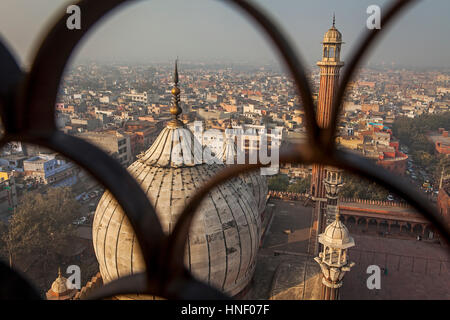 Urban, landscape, aerial view, Cityscape, townscape, panorama, panoramic, Minaret and domes of Jama Masjid mosque, Delhi, India Stock Photo