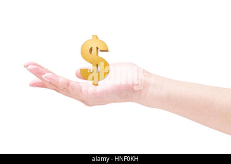 a female's hand cradling a 3D dollar sign, isolated on white background. Stock Photo