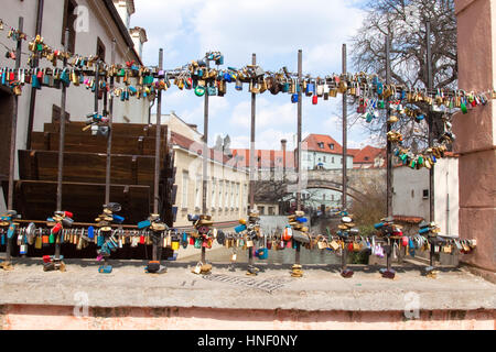 Love Padlocks at the Love Bridge. Prague, Czech Republic. Stock Photo
