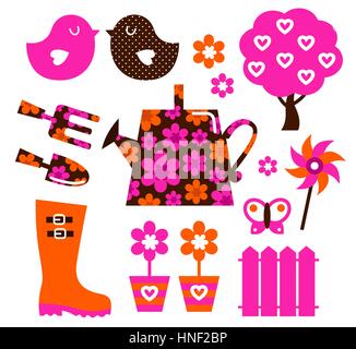 Spring and gardening icons set : orange, pink Stock Photo