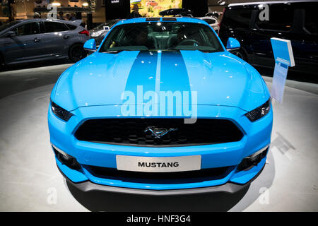 BRUSSELS - JAN 19, 2017: Blue Ford Mustang car on display at the Motor Show Brussels Stock Photo