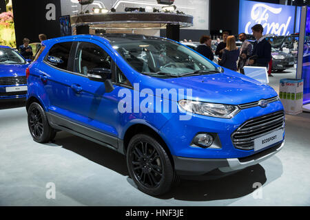 BRUSSELS - JAN 19, 2017: Blue Ford EcoSport compact SUV car at the Brussels Motor Show. Stock Photo