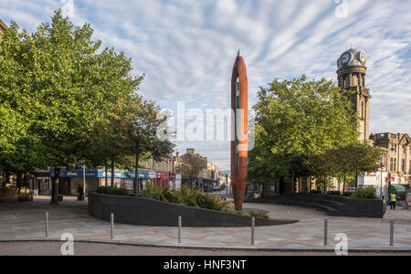 Weaving shuttle monument, Nelson, Lancashire, commemorating the town's cotton weaving past Stock Photo