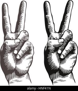 Hand gesture peace sign, symbol. Sketch vector illustration