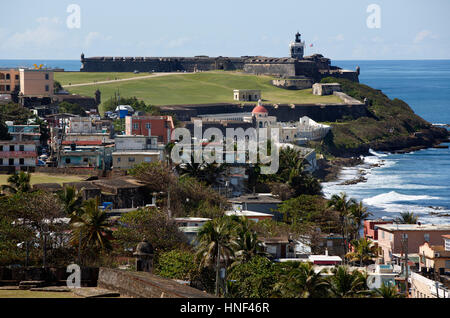 A view over La Perla neighborhood towards San Felipe del Morrro Fortress, San Juan, Puerto Rico Stock Photo